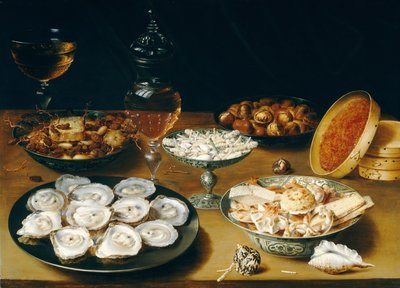Platos con ostras, frutas y vino de Osias the Elder Beert