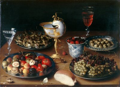 Bodegón con copa de nautilo, fruta, nueces y vino, c.1610 (óleo sobre tabla de roble) de Osias the Elder Beert