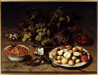 Naturaleza muerta de frutas con mono y mariposas de Osias the Elder Beert