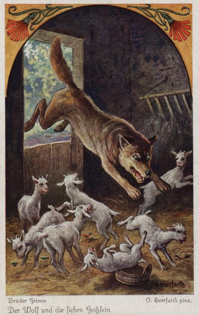 Escena de El lobo y los siete cabritos, por los Hermanos Grimm de Oskar Herrfurth