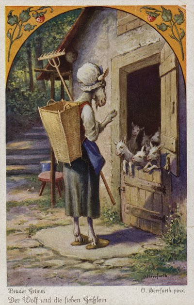 Escena de El lobo y los siete cabritos, por los Hermanos Grimm de Oskar Herrfurth