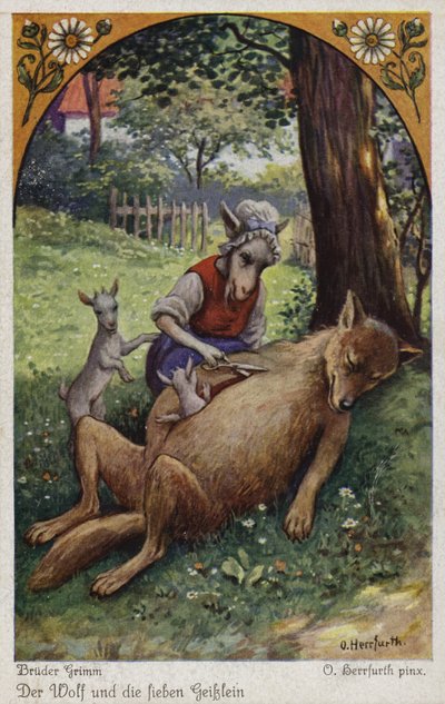 Escena de El Lobo y los Siete Cabritos, de los Hermanos Grimm de Oskar Herrfurth
