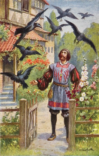 El padre enojado, habiendo maldecido a sus siete hijos, los ve convertirse en cuervos de Oskar Herrfurth