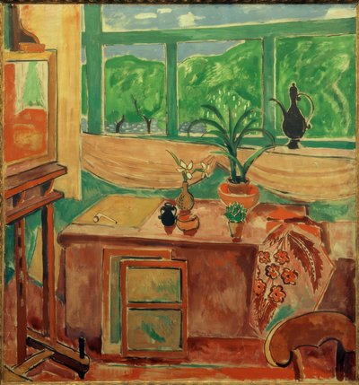 Naturaleza muerta en el estudio con iris y ventana multipartita de Oskar Moll