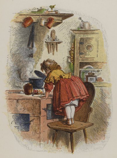Niña mirando dentro de una cacerola en una estufa de Oskar Pletsch