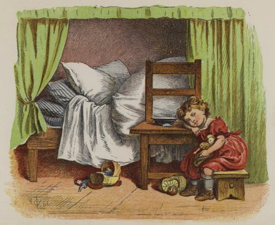 Niña pequeña sentada junto a su cama de Oskar Pletsch