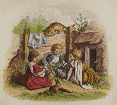 Tres niñas jugando con sus conejos, observadas por un gato de Oskar Pletsch