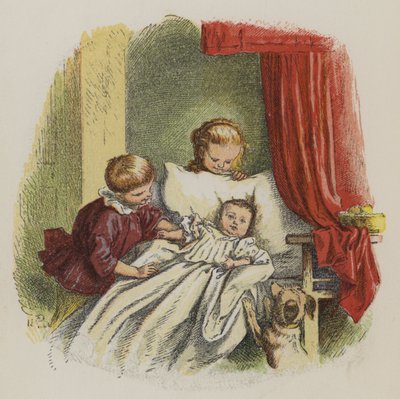 Niño y niña observando a un bebé de Oskar Pletsch