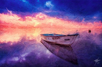 Reflejo sereno de un barco al atardecer de Osvaldo Russo