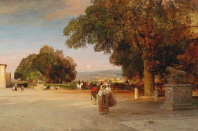 Francés: Promeneurs sur la terrasse de la Villa Grazioli à Grottaferrata Escena al atardecer en la terraza de Villa Grazioli en Grottaferrata de Oswald Achenbach