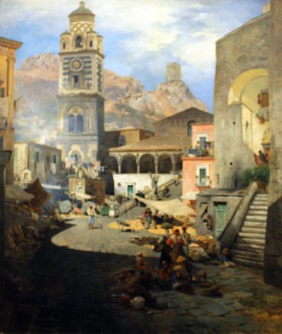 Alemán: Marketplace of Amalfi de Oswald Achenbach