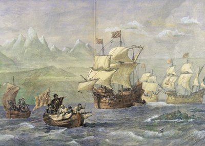 El descubrimiento del estrecho de Magallanes (grabado en color) de Oswald Walters Brierly