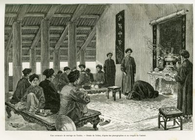 Una ceremonia de boda en Tonkín. Grabado por Tofani, para ilustrar la historia Treinta meses en Tonkín, en 1884, por el Dr. Paul Hocquard, en le tour du monde 1890, bajo la dirección de Edouard Charton (1807-1890), Hachette, París. de Oswaldo Tofani