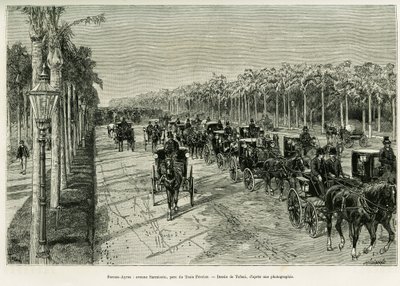 Buenos Aires, Avenida Sarmiento, Parque Tres de Febrero. Grabado por Tofani, para ilustrar la historia Viaje a la Plata, en 1886, por Emile Daireaux, en le tour du monde 1888, dirigido por Edouard Charton (1807-1890), Hachette, París. de Oswaldo Tofani