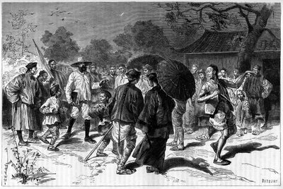 El Dr. Piassetzky viaja a China, siempre acompañado por chinos. Grabado según un dibujo de Tofani, en "Le Tour du Monde, Nouveau journal des Voyages", editado por Edouard Charton, París de Oswaldo Tofani