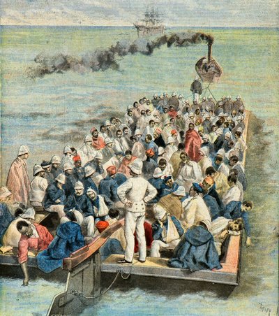 Embarque en el buque hospital de los heridos de la expedición de madagascar en 1896 (Grabado) de Oswaldo Tofani