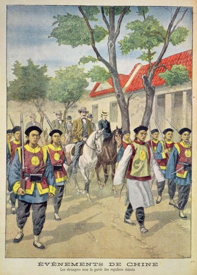 Extranjeros europeos bajo escolta armada por soldados regulares chinos durante la rebelión de los bóxers de 1899-1901, ilustración de 