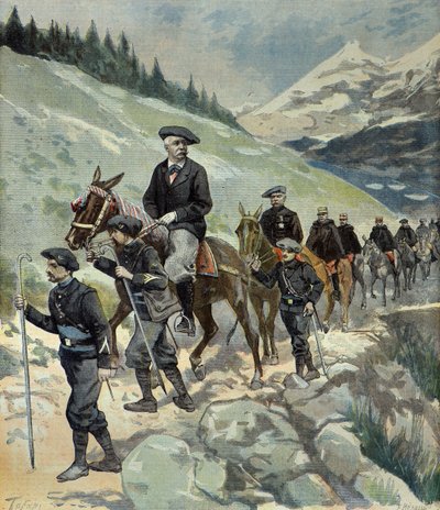 Félix Faure con cazadores alpinos en un viaje a los Alpes en 1897 (Grabado) de Oswaldo Tofani