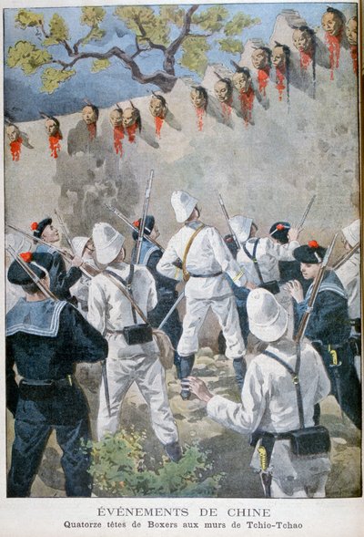 Catorce cabezas de boxeadores en las paredes de Tchio-Tchao, China, 1900 de Oswaldo Tofani