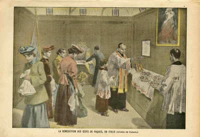 Ilustración de Oswaldo Tofani (1849-1915) en Le Pelerin, 03/04/04 - La bendición de los huevos de Pascua en Italia - Italia, Religión Fe, Pascua, Catolicismo Católico - Huevo de Oswaldo Tofani