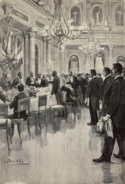 Diplomáticos italianos brindando juntos, París, Francia, grabado de un dibujo de Gennaro Amato, de un boceto de Osvaldo Tofani, de L