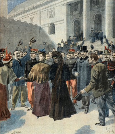 La viuda del coronel Hubert Henry saliendo del tribunal (asunto Dreyfus) de Oswaldo Tofani
