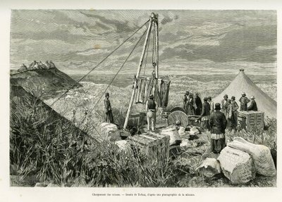 Cargando las cajas de excavaciones arqueológicas, Persia. Grabado de Tofani, para ilustrar la historia A Suse. de Oswaldo Tofani