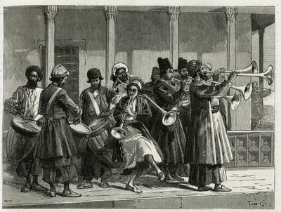 Músicos saludando el amanecer en Isfahan (o Isfahan, ciudad de Irán). Grabado por Tofani, para ilustrar la historia "Persia, Caldea y Susiana" de Oswaldo Tofani