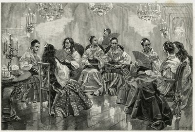 Feria comercial china de Narcisso, Daraga, Filipinas. Grabado por Tofani, para ilustrar la historia "Viaje a Filipinas" de Oswaldo Tofani
