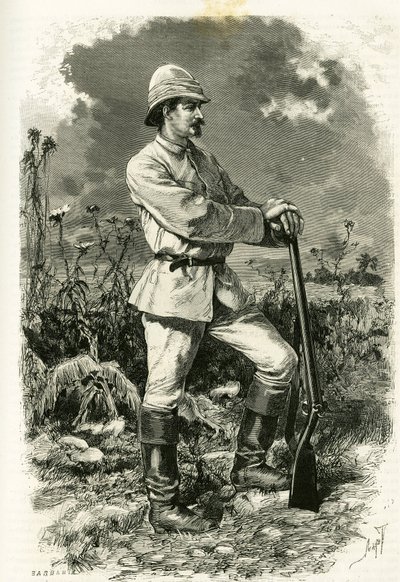 Retrato del Dr. Emile Holub, en traje de exploración, grabado por Tofani, ilustración de la historia “En el país de los Marutses”, en 1875-1879, por el Dr. Emile Holub (1847-1902). Publicado en el Tour du monde, 2º semestre 1883, editado por Edouard Charto de Oswaldo Tofani