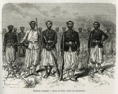 Jinetes senegaleses de la escolta de la expedición. Grabado por Tofani, ilustración de la historia de Exploración en Alto Níger, por el Comandante Gallieni, de la Infantería de Marina, en 1880-1881, publicado en el Tour du monde, bajo la dirección de Edoua de Oswaldo Tofani
