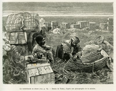 Contrabando de excavaciones arqueológicas en el desierto persa. Grabado por Tofani, para ilustrar la historia A Suse de Oswaldo Tofani