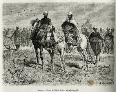 Los Spahis de la escolta de la expedición. Grabado por Tofani, para ilustrar la historia de Exploración en el Alto Níger, por el Comandante Gallieni, de la Infantería de Marina, en 1880-1881, publicado en Le tour du monde, bajo la dirección de Edouard Char de Oswaldo Tofani