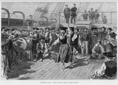Los emigrantes a bordo. Grabado por Tofani para ilustrar la historia Viaje a la Plata, tres meses de vacaciones por Emile Blaireaux en 1886, en le tour du monde 1887, bajo la dirección de Edouard Charton (1807-1890), Hachette, París. de Oswaldo Tofani
