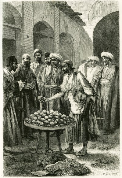 El comerciante de pescado en Kachan (o Kashan, en la provincia de Teherán, actual Irán). Ilustración de la historia “Persia, Caldea y Susiana” en 1881-1882, por Jane Dieulafoy (de soltera Magre) de Oswaldo Tofani