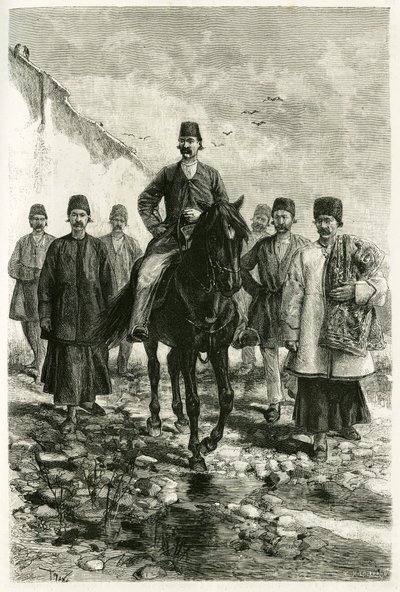 El gobernador de Kachan (o Kashan, en la provincia de Teherán, actual Irán) monta un caballo negro y su séquito va a pie. Grabado por Tofani, de una fotografía, para ilustrar la historia “Persia, Caldea y Susiana” en 1881-1882, por Jane Dieulafoy (nacida M de Oswaldo Tofani