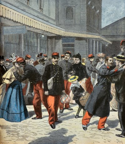 El regreso de la clase. Tras su servicio militar, los soldados se reúnen con sus familias 1897 (Grabado) de Oswaldo Tofani