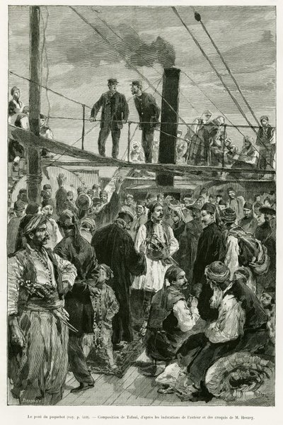 La cubierta del barco. Grabado por Tofani para ilustrar la historia Viaje en Tesalia en 1882, por Paul Monceaux, en le tour du monde 1887, dirigido por Edouard Charton (1807-1890), Hachette, París. de Oswaldo Tofani