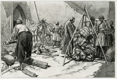 El pesaje del equipaje antes de la partida de la Expedición Nupcial Delafoy. Grabado por Tofani, para ilustrar la historia "Persia, Caldea y Susiana" de Oswaldo Tofani