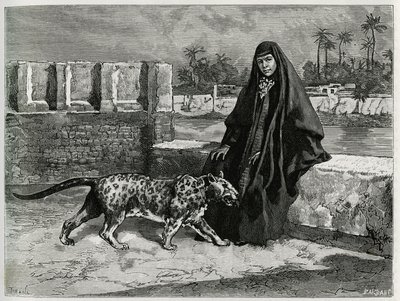 Torkan Khanoum, favorita del jeque Moses, poderoso líder tribal de Arabistán con su pantera. Grabado de Tofani, para ilustrar la historia “Persia, Chaldee y Susiane”. de Oswaldo Tofani