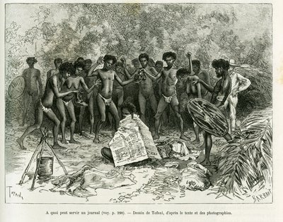¿Para qué puede servir un periódico? Grabado por Tofani, para ilustrar la historia Chez les cannibales, Viaje en el noreste de Australia de Oswaldo Tofani
