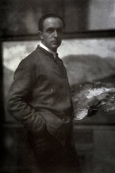 Retrato de tres cuartos de Cesare Maggi. El pintor, vestido con una bata, sostiene una paleta en su mano izquierda. En el fondo, la lona en la que está trabajando de Ottaviano Ecclesia