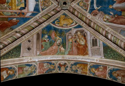Monique refuerza en su sueño el futuro de su hijo San Agustín por Dios, durante un encuentro con un obispo (fresco) de Ottaviano Nelli