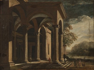 Palacio de fantasía arquitectónica en un paisaje (óleo sobre lienzo) de Ottavio Viviani