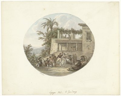 Bailarines en una terraza frente a una posada le fandango (título sobre objeto) de Otto Baron Howen