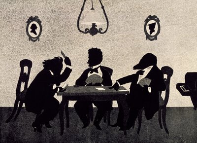 Juego de cartas entre Johannes Brahms (1833-1897), Richard Strauss (1864-1949) y Hans Richter (1843-1916), silueta negra de Otto Bohler (1847-1913) de Otto Bohler