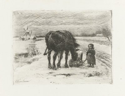 Paisaje nevado con niño y caballo. de Otto Eerelman