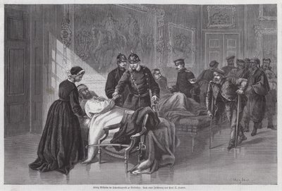 El rey Guillermo I de Prusia reuniéndose con soldados heridos en el Palacio de Versalles, Francia, Guerra Franco-Prusiana de Otto Johann Heinrich Heyden