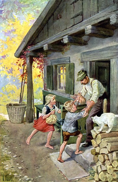 Hansel y Gretel encuentran el camino de vuelta a casa, c.1910 (postal) de Otto Kubel