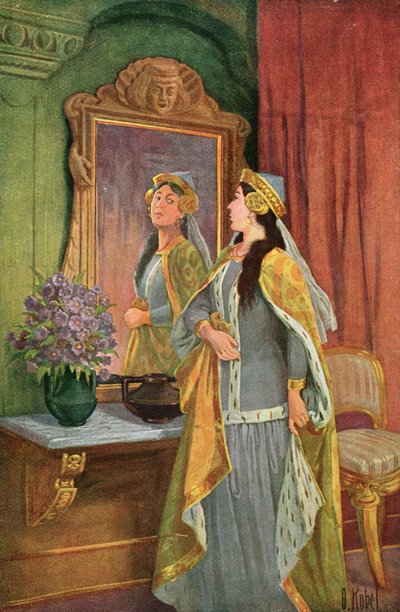 "Espejo, espejo en la pared, ¿Quién es la más bella de todas? ", ilustración del cuento de Grimm "Blancanieves y los siete enanos", c.1900 (litografía en color) de Otto Kubel